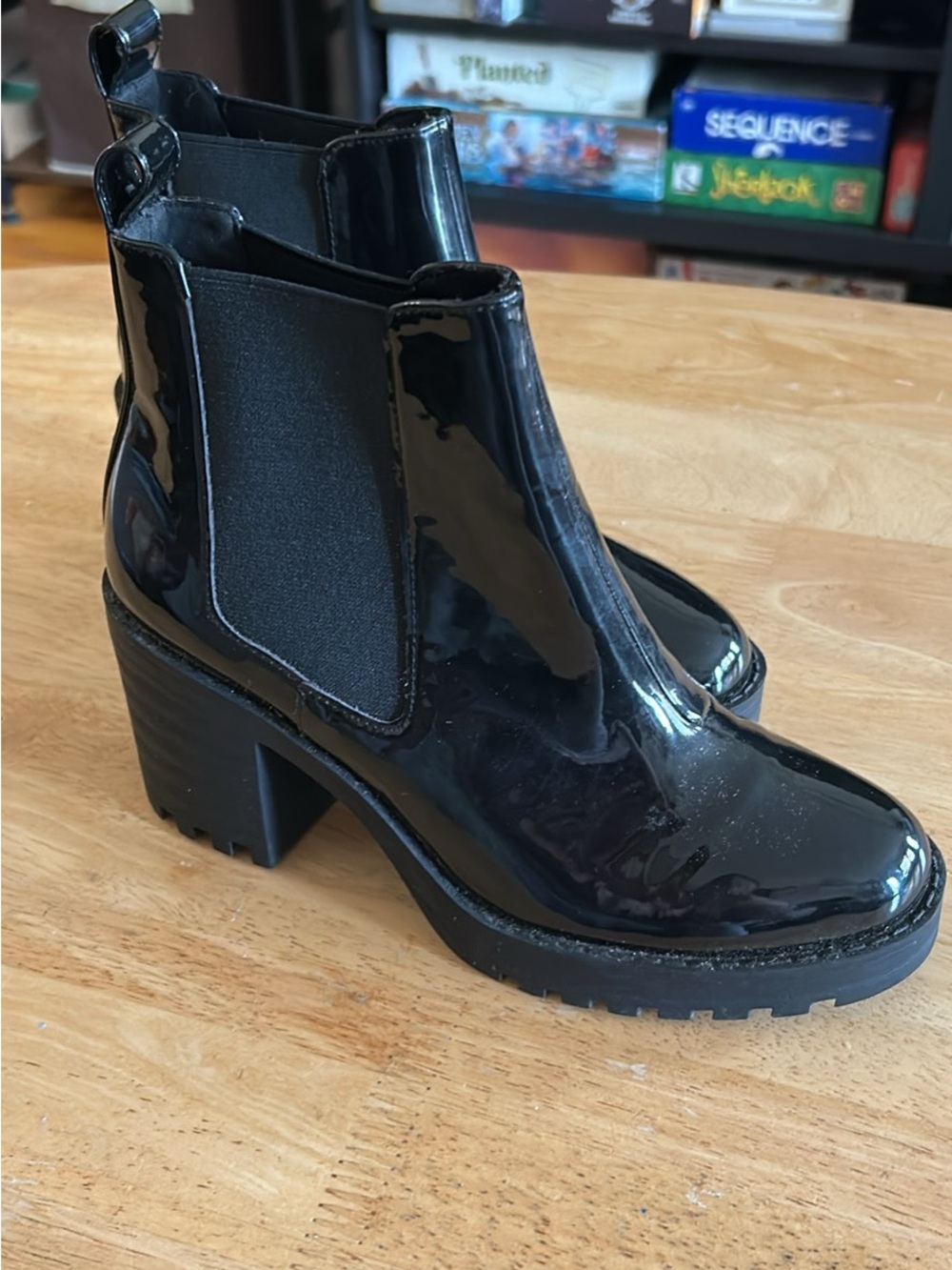 H&M Black Patent Chelsea Block Heel Ankle Boots
